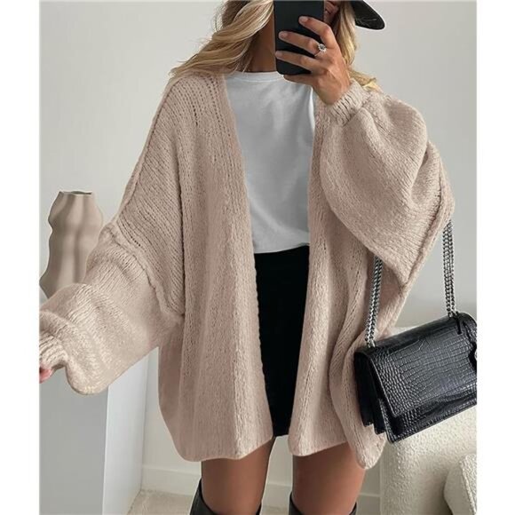 Womens Oversized Cardigan Sweaters Grey Beige - Picture 3 of 6